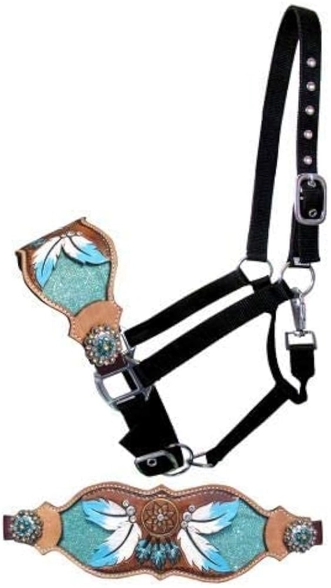 Showman Leather Bronc Halter w/Teal Dream Catcher & Feather Design