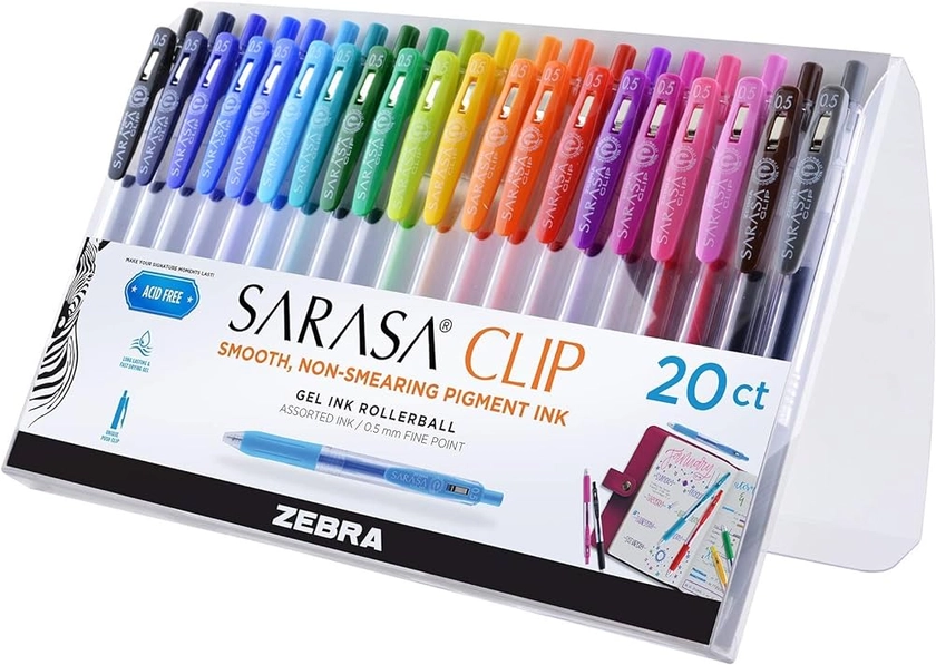 Zebra Sarasa Clip 0.5mm Fine Point Gel Ink Pens 20/Pkg-Assorted Colors