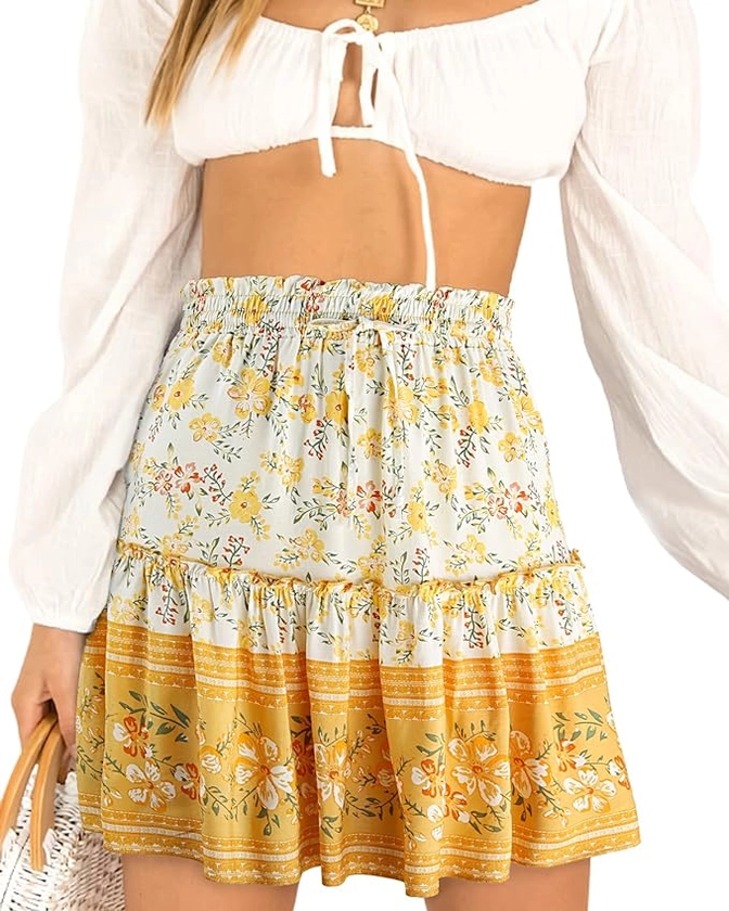 Amazon.com: Alelly Women's Summer Cute High Waist Ruffle Skirt Floral Print Swing Beach Mini Skirt : Clothing, Shoes & Jewelry