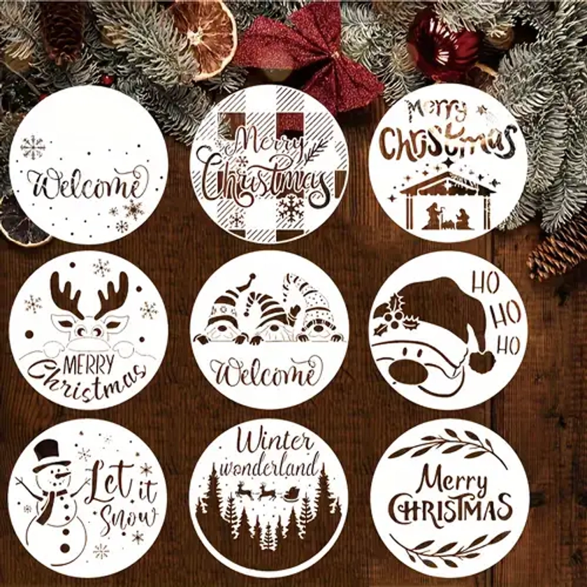 9pcs Christmas Stencils Reusable Round Large Christmas Stencils For Painting On Wood Sign Front Door Hanger Xmas Home Decor