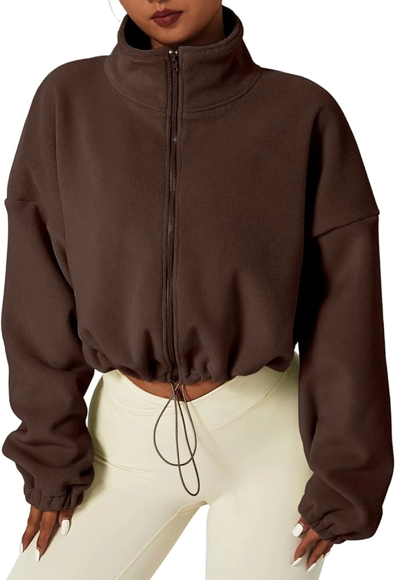 QINSEN Women's Full Zip Fleece Short Jacket Warm Winter Long Sleeve Stand Collar Sherpa Crop Coat