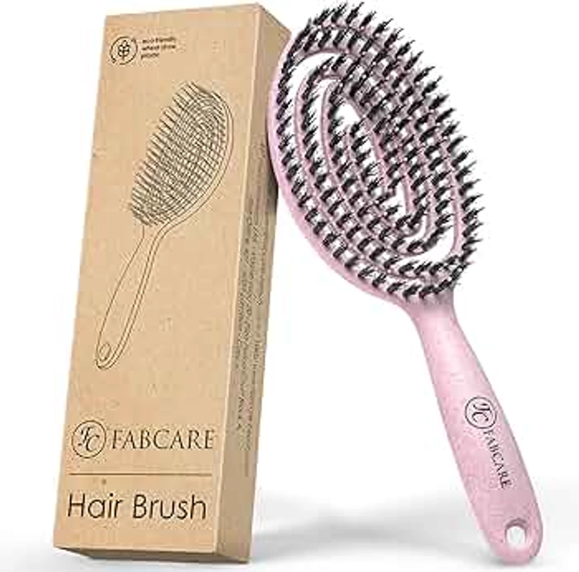 FABCARE Brosse Cheveux - Brosse à Cheveux Poil de Sanglier - Brosse Demelante Cheveux à Double Ressort Spirale - Brosse à Cheveux Sans Tirer - Brosse Magique Cheveux Démêlante Pro (Rose)