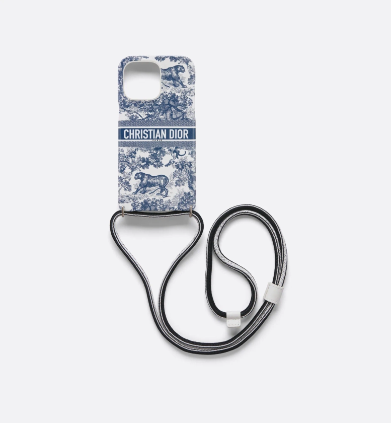 Coque pour iPhone 14 Pro Max à cordon DiorTravel Cuir de veau lisse Toile de Jouy bleu | DIOR