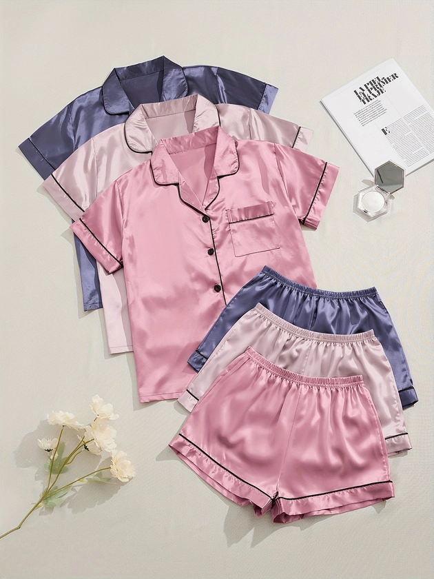 3 Sets Satin Pajama Set, Short Sleeve Lapel Top & Elastic Waistband Shorts, Women's Sleepwear & Loungewear