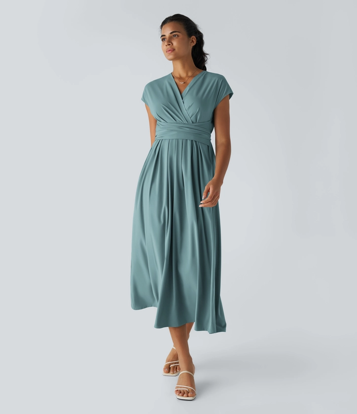 Women’s Breezeful™ V Neck Short Sleeve Side Pocket Tie Back Quick Dry Midi Casual Dress - Halara 