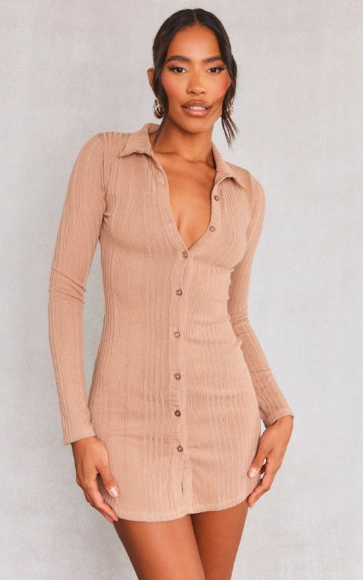 Taupe Ribbed Button Long Sleeve Bodycon Dress