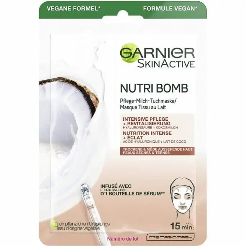 Masque Tissu Nutri Bomb Nutrition Intense + Éclat au Lait de Coco et Acide Hyaluronique de Garnier