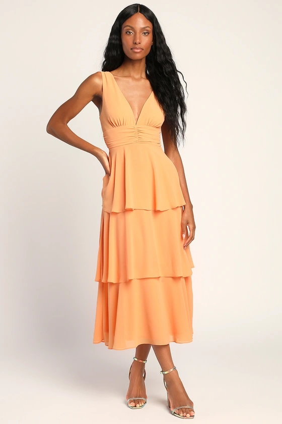 Celebration Time Light Orange Sleeveless Tiered Midi Dress