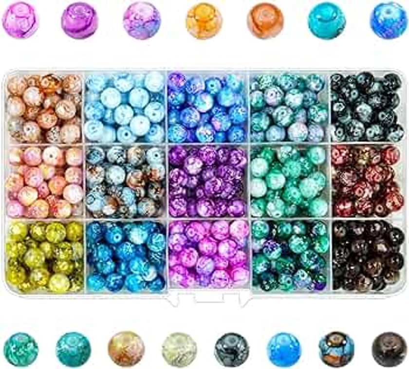 Wavlakth 450Pcs 8mm Glass Beads for Jewelry Making, 15 Colors DIY Gemstone Crystal Beads Bracelet Making Round Gemstone Beads Suitable for DIY Craft (15 Grids-Snowflake)