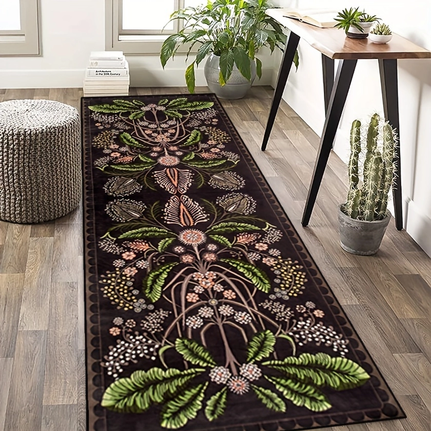 1pc, Retro Floral Totem Hallway Carpet, Moroccan American Strip Carpet, Non-Slip Living Room Bedroom Dining Room Home Office Area Carpet, Home Decor