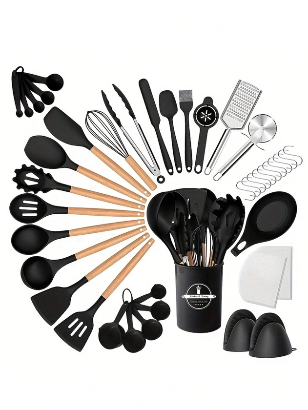 Ensemble D'ustensiles De Cuisine En Silicone De 43 Pièces, Ensemble D'ustensiles De Cuisine, Ensemble D'ustensiles De Cuisine De Sécurité, Ensemble D'ustensiles De Cuisine Antiadhésifs Avec Poignée En Bois, Batterie De Cuisine Moderne Lavable, Accessoires De Cuisine, Gadgets De Cuisine, Indispensable De Cuisine