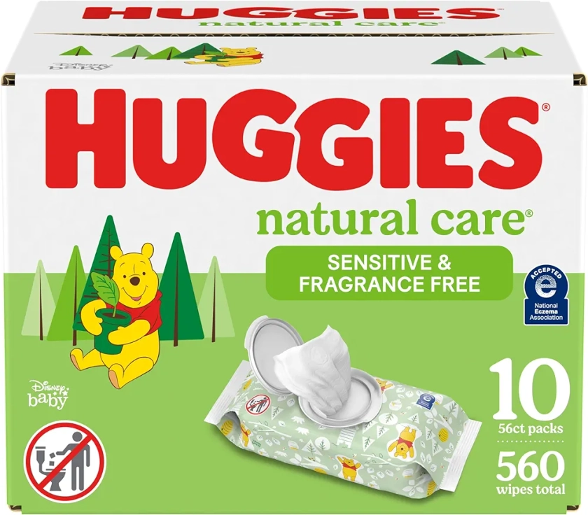 Huggies Natural Care Sensitive Baby Wipes, Unscented, Hypoallergenic, 99% Purified Water, 10 Flip-Top Packs (560 Wipes Total)
