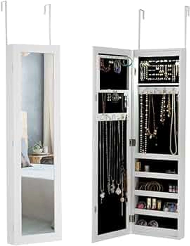 COSTWAY LED Lights Jewelry Cabinet, Door Hanging/Wall Mounted Jewelry Armoire with Full Length Mirror, Cosmetics Makeup Jewellery Storage Organiser Unit for Bedroom Dressing Room