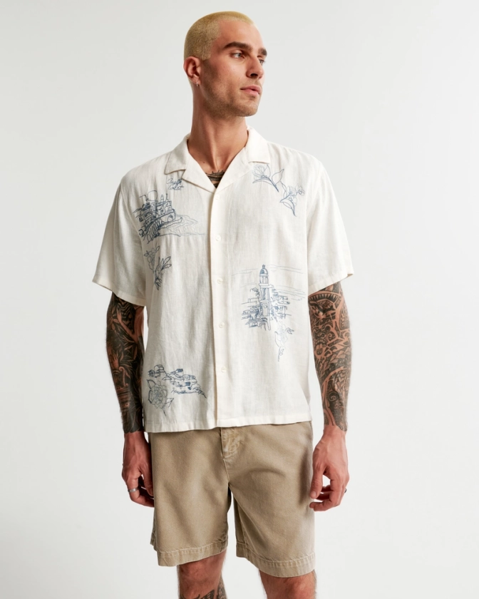 Men's Camp Collar Summer Linen-Blend Embroidered Shirt | Men's Tops | Abercrombie.com