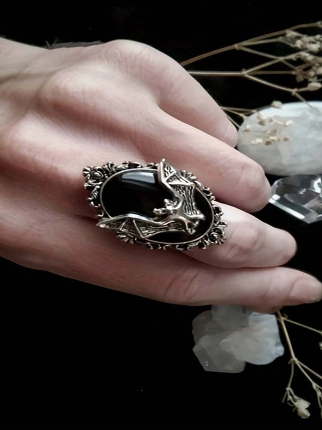 1 pieza Anillo de Halloween, Abierto con piedra preciosa negra con murciélago, regalo de Halloween para mujeres