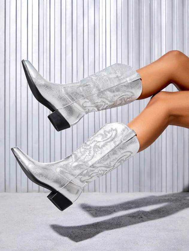 SHEIN SXY Women's Mid-heel Slip-on Winter Boots, Silver Shiny Finish, Western Style Embroidered Mid-calf Warm Boots