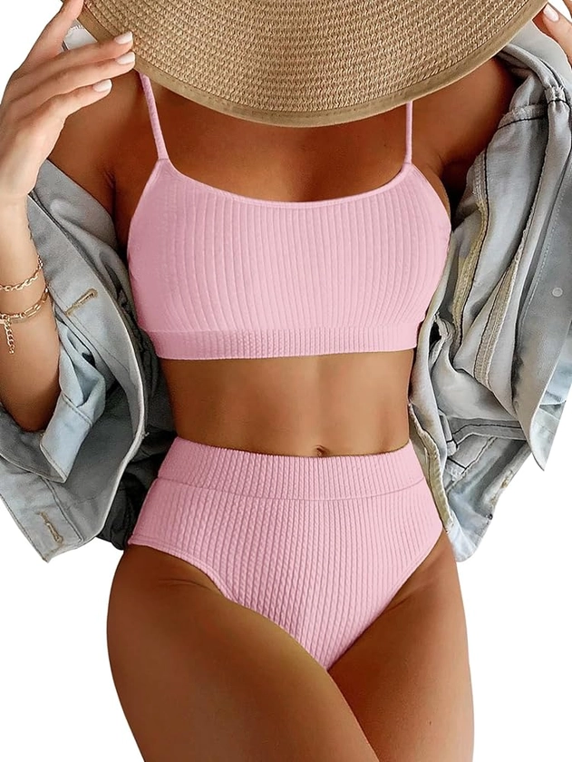 Lilosy High Waisted Tummy Control Ribbed Bikini Crop Top Brazilian Swimsuit Set 2 Piece