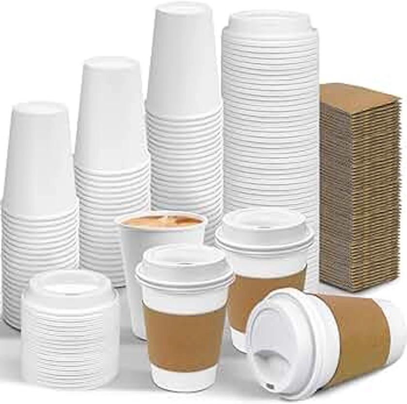 Ginkgo 100 Pack 12 oz Leak-Proof Coffee Cups with Lids and Sleeves Disposable Paper To Go Hot Coffee Cups for Home, Business, Office, Cafes and Parties