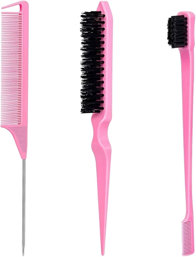 Pink Slick Back Hair Brush - Rat Tail Comb for Hair Parting, Teasing Comb for Enhancing Volume and Fullness, Edge Brush for Controlling Flyaways