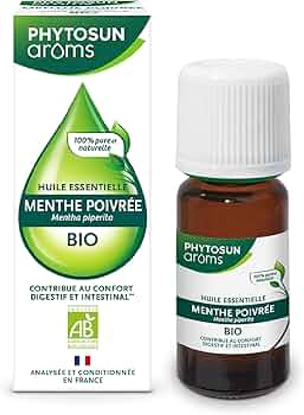 PHYTOSUN AROMS – Huile Essentielle Menthe Poivrée BIO – 100 % pure et naturelle – Contribue au confort Digestif et Intestinal – 10 ml