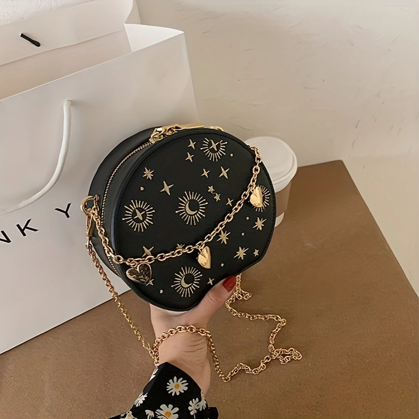 Mini Embroidered Round Bag Chain Heart Decor Crossbody Bag - Temu