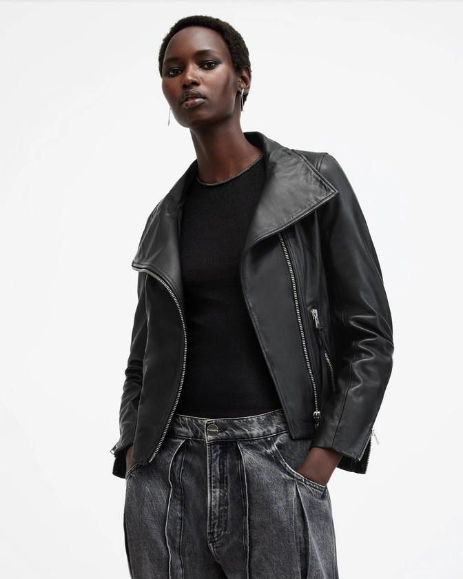 Ellis Leather Funnel Neck Biker Jacket Black | ALLSAINTS US