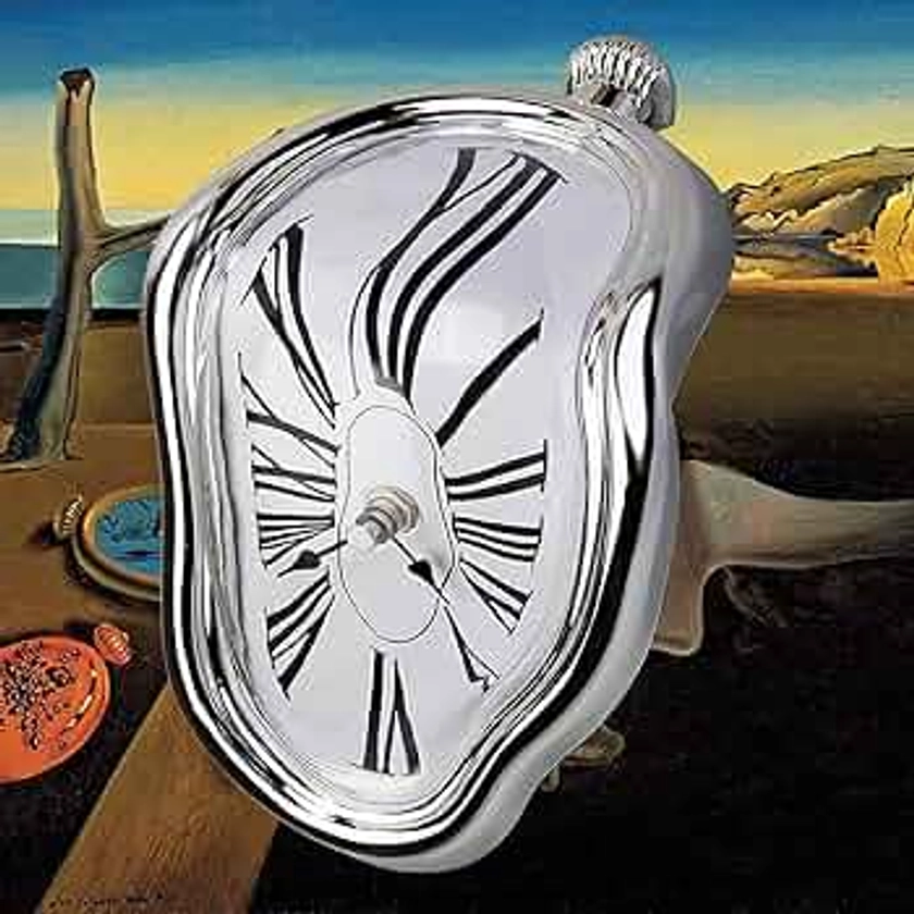 Melting Clock, Salvador Dali Watch Melted Clock for Decorative Home Office Shelf Desk Table Funny Creative Gift, Rome Silver