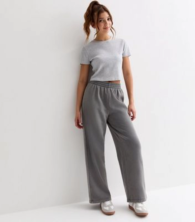 Grey Acid Wash Wide Leg Joggers