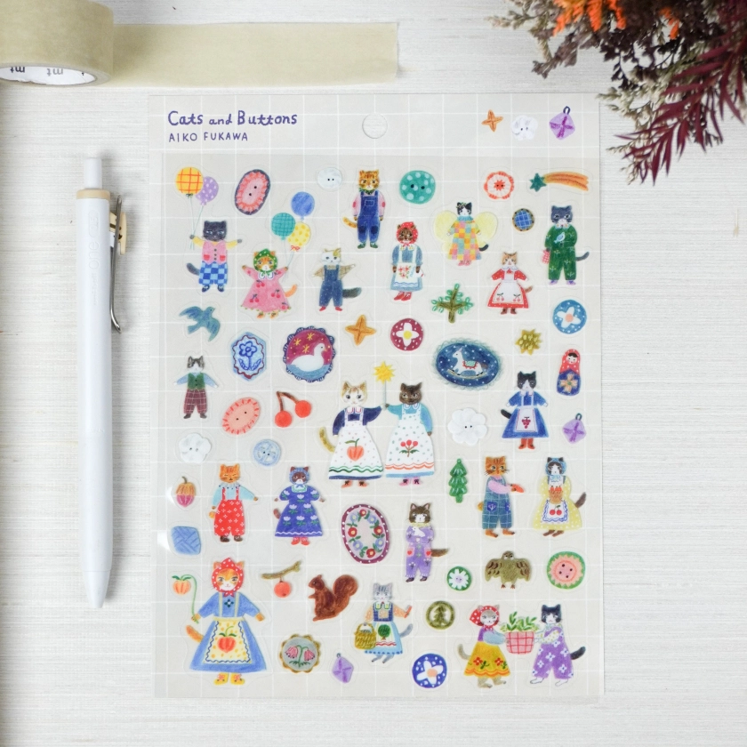 Cozyca x Aiko Fukawa Clear Sticker Sheet - Cats and Buttons
