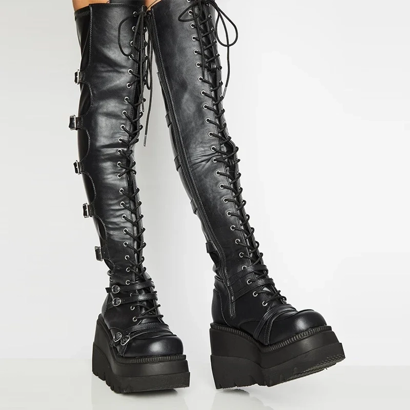 Botas por encima de la rodilla Punk para mujer, zapatos planos hasta el muslo, con plataforma, hebilla de cinturón, estilo gótico, talla grande 42 43 - AliExpress 322