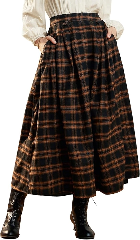 Scarlet Darkness Plaid Skirts for Women High Waist Long Skirt with Pockets