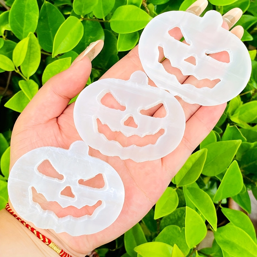 Selenite Crystal Pumpkin Ghost Head Carving Natural - Temu