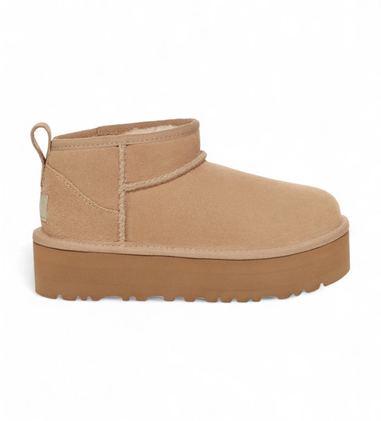 UGG Classic Ultra Mini Platform Leather Ankle Boots beige