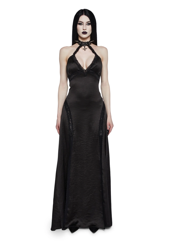 Widow Satin Halter V Neckline Maxi Dress With Spikes And Lace - Black