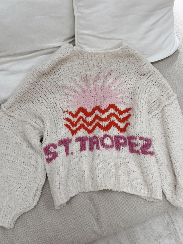 Gilet SAINT TROPEZ En maille bouclée avec inscription dans le dos, écru