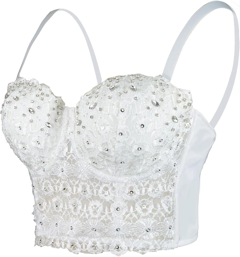 ELLACCI Women's Natural Reigning Lace Rhinestone Bustier Crop Top Sexy Mesh Corset Top Bra