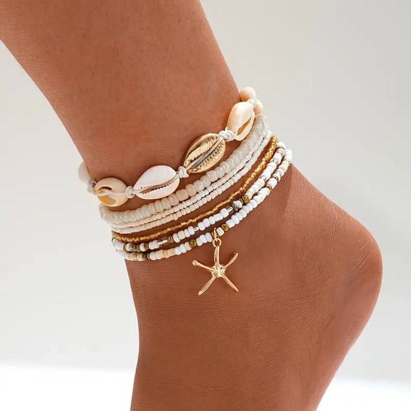Bohemian Bead Shell Starfish Anklet Set For Women, 7-Piece, Vacation Style, Perfect For Dating, Party, Daily Wear, And Gifts