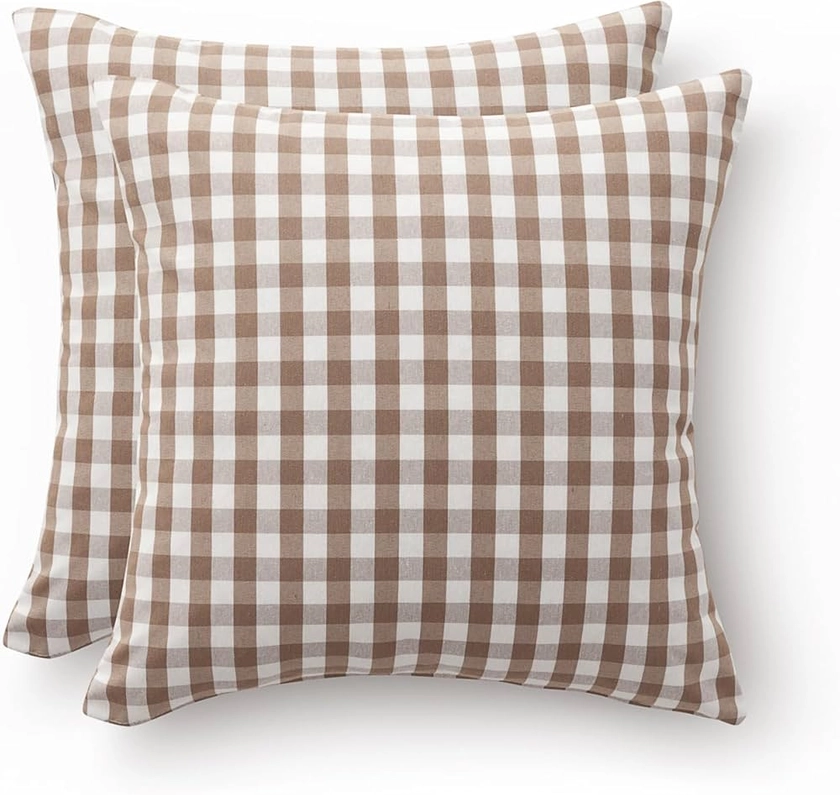 GAMUSI Vichy Lot de 2 Housses de Coussin décoratives avec Fermeture éclair en Coton Respirant et Doux, 45 x 45 cm, Taupe