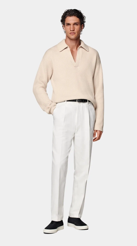 Sand Ribbed Long Sleeve Buttonless Polo in Wool & Cashmere | SUITSUPPLY US