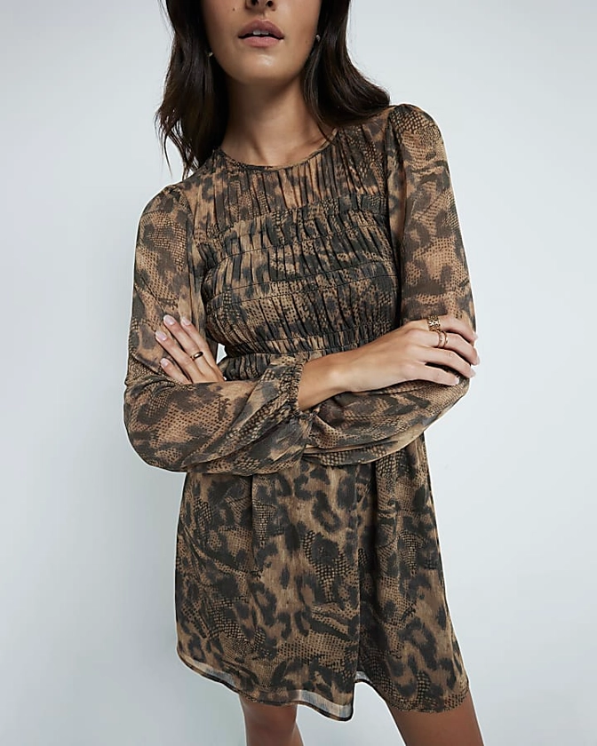 Brown Leopard print Shirred mini dress | River Island