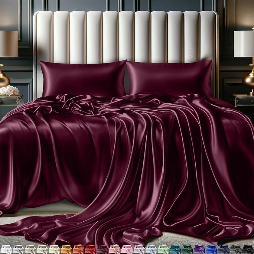 DECOLURE Satin Sheets King Size Set 4 Pcs - Silky & Luxuriously Soft Satin Bed Sheets w/ 15inch Deep Pocket - Similar to Silk Sheets - Double Stitching, Wrinkle Free (Rosewood)