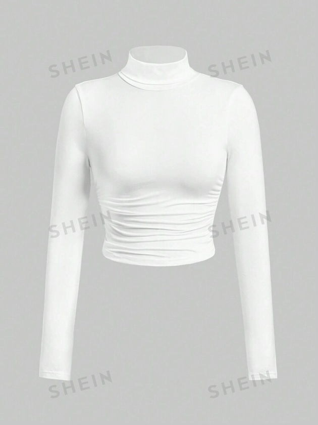 SHEIN EZwear White Mock Neck Ruched Crop Tee