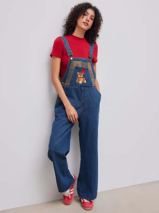 Denim Denim Heart Bear Pocket Wide Leg Jumpsuit For School Daily Casual