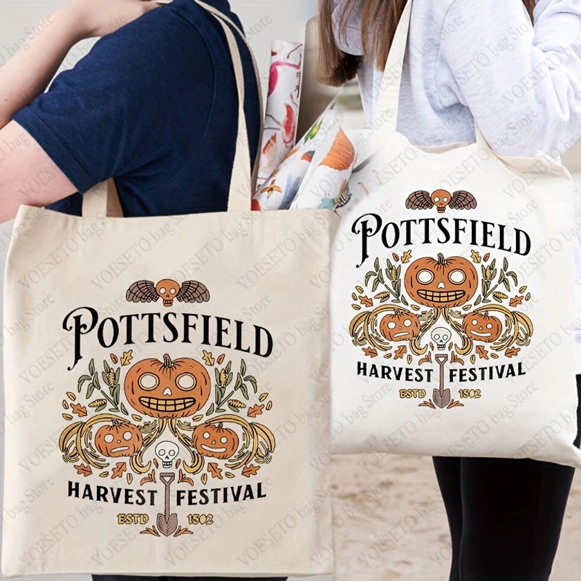 Pottsfield Harvest Festival Pattern Tote Bag, Reusable Vegetables Grocery Bag, Pumpkin Halloween Gift Bag