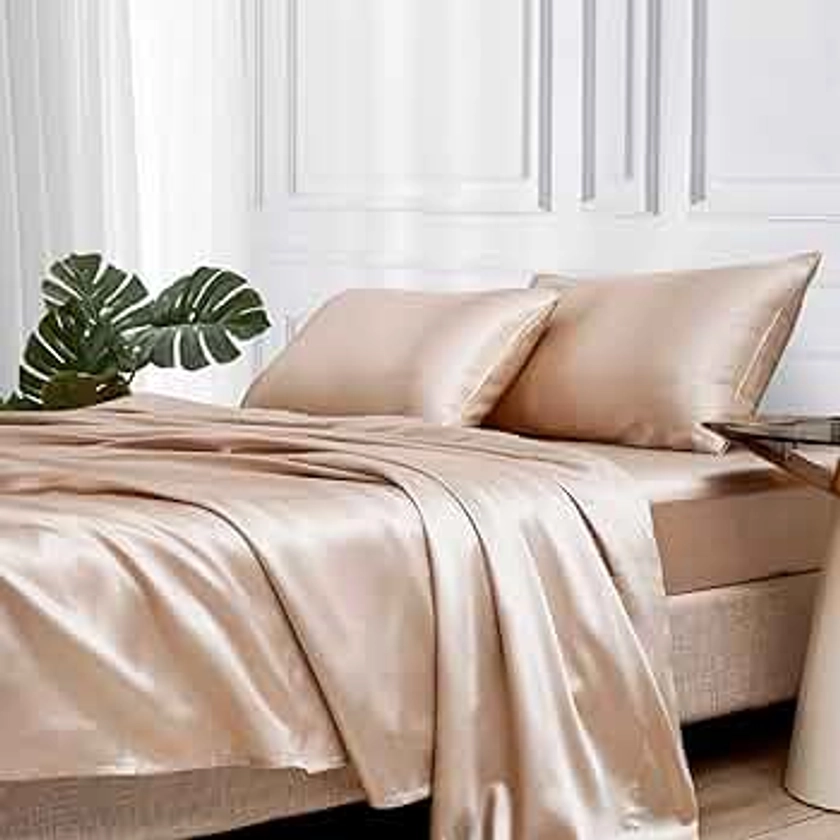 MR&HM Satin Bed Sheets, Twin Size Sheets Set, 3 Pcs Silky Bedding Set with 15 Inches Deep Pocket for Mattress (Twin, Champagne)