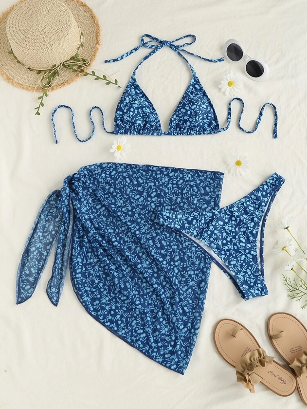 Ditsy Floral Halter Triangle Bikini Swimsuit With Beach Skirt