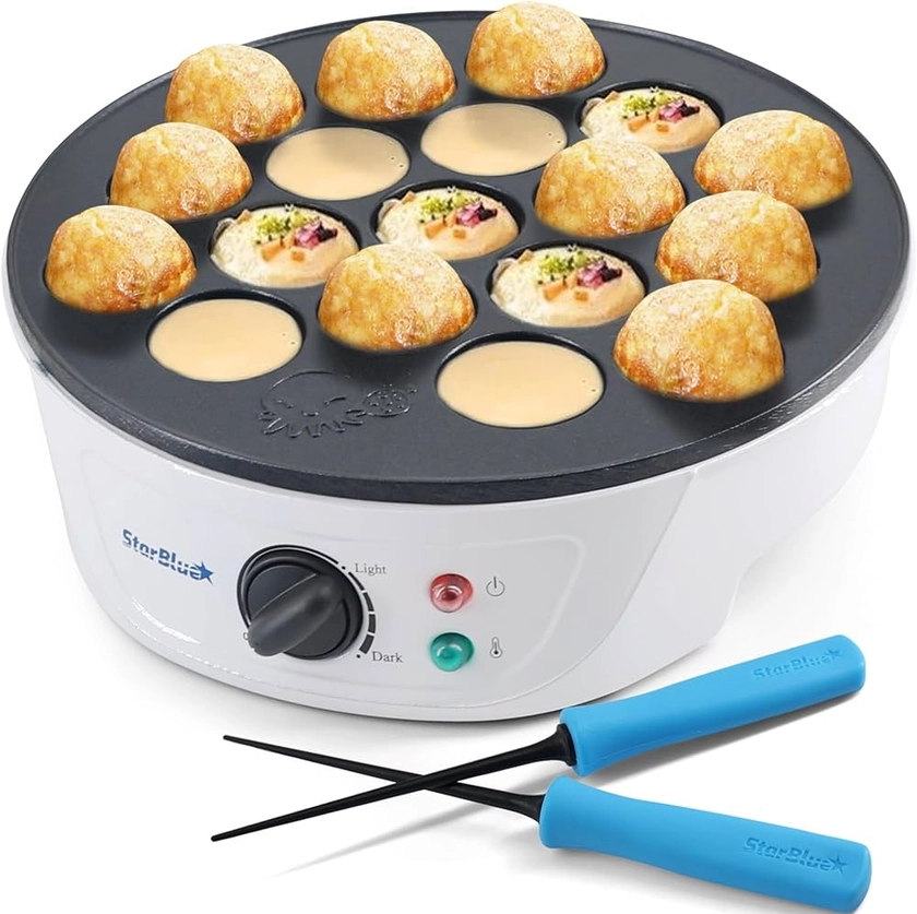 StarBlue Takoyaki Maker Machine électrique avec pics Takoyaki gratuits - Contrôle de la température - 18 trous - 220 V, 60 Hz, 700 W - Prise UK Adaptateur De Prise Europeenne Inclus : Amazon.fr: Cuisine et Maison