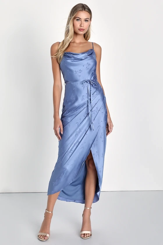 Sophisticated Sight Periwinkle Satin Jacquard Cowl Midi Dress