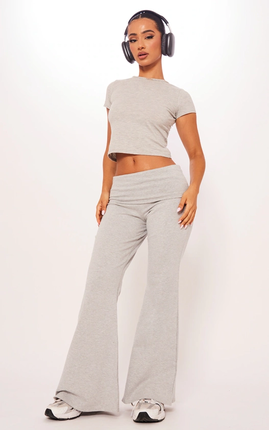 Petite Grey Marl Cotton Fold Flared Trousers