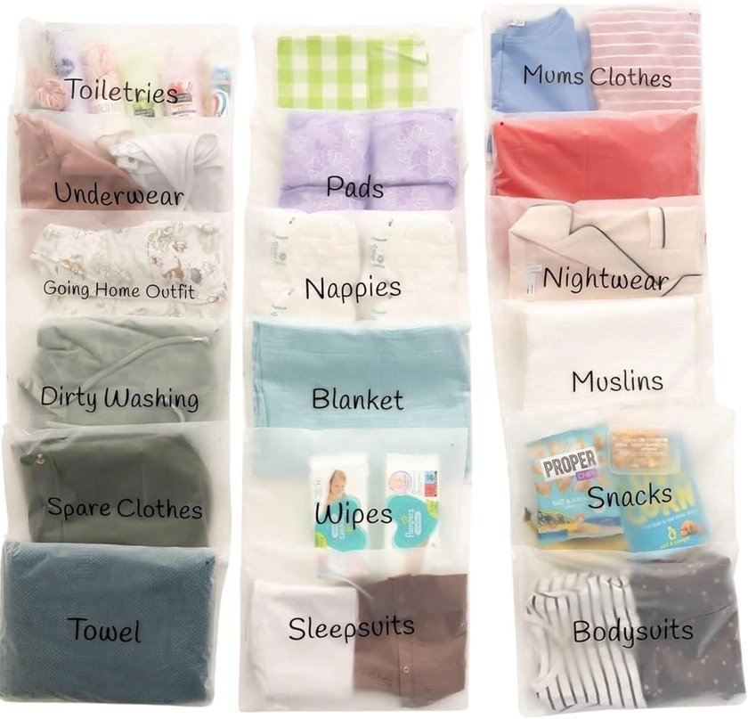 22 x Maternity Hospital Bag Organiser Pouches | Hospital Bag Maternity Essentials for Newborn Baby Changing Bag or Baby Hospital Bag Organiser Pouches | 38 x 28cm Hospital Organiser Pouches Labelled